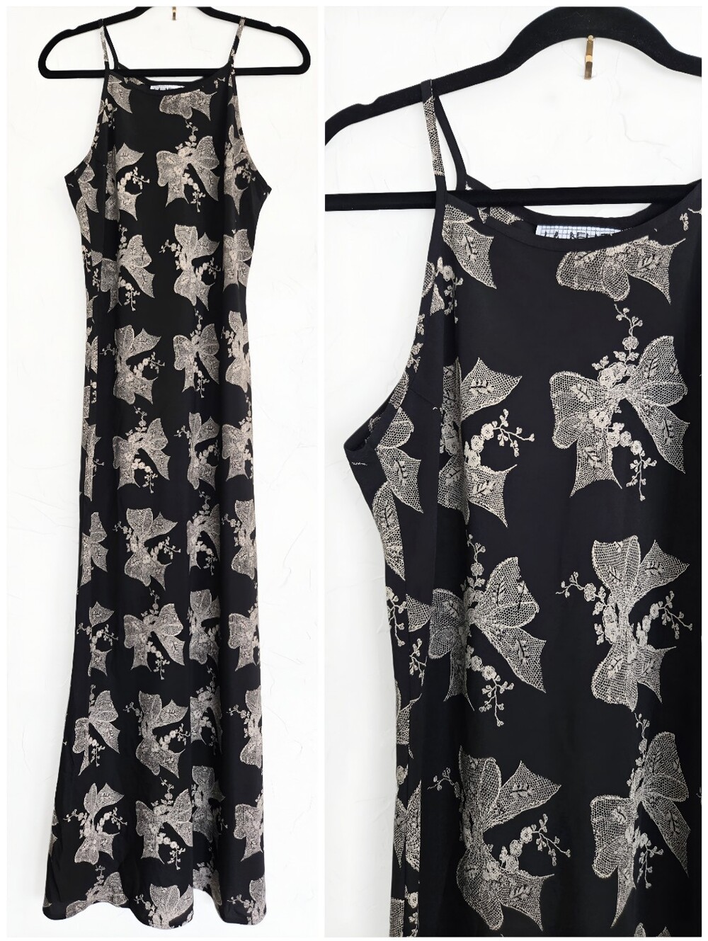 Vintage Lace Bow Print Black Cream Slip Dress, M